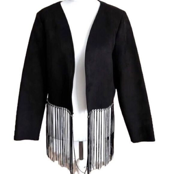 Zara Faux Suede Open Front  Jacket with Beaded Fringe in Dark Black Women’s M - Picture 1 of 12